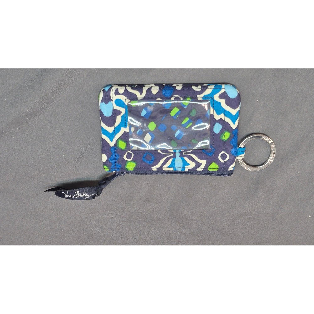 Vera Bradley Zip ID Case Blue Green Geometric Floral Quilted Wallet Key Ring